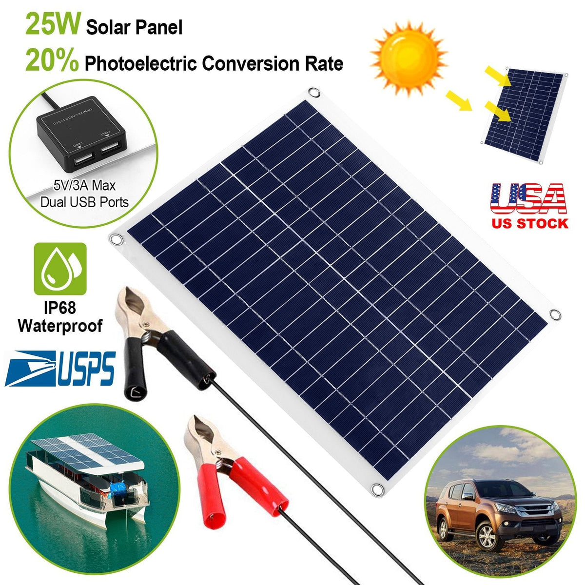 Outdoor Solar Panel 12V 25W Car Battery Charger IP68 Waterproof w/ 3.0A Dual USB Charging Clip Line For RV Car Boat