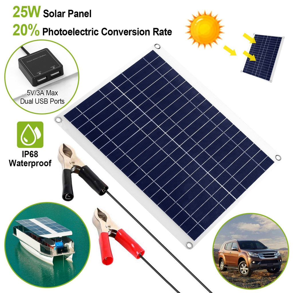 Outdoor Solar Panel 12V 25W Car Battery Charger IP68 Waterproof w/ 3.0A Dual USB Charging Clip Line For RV Car Boat