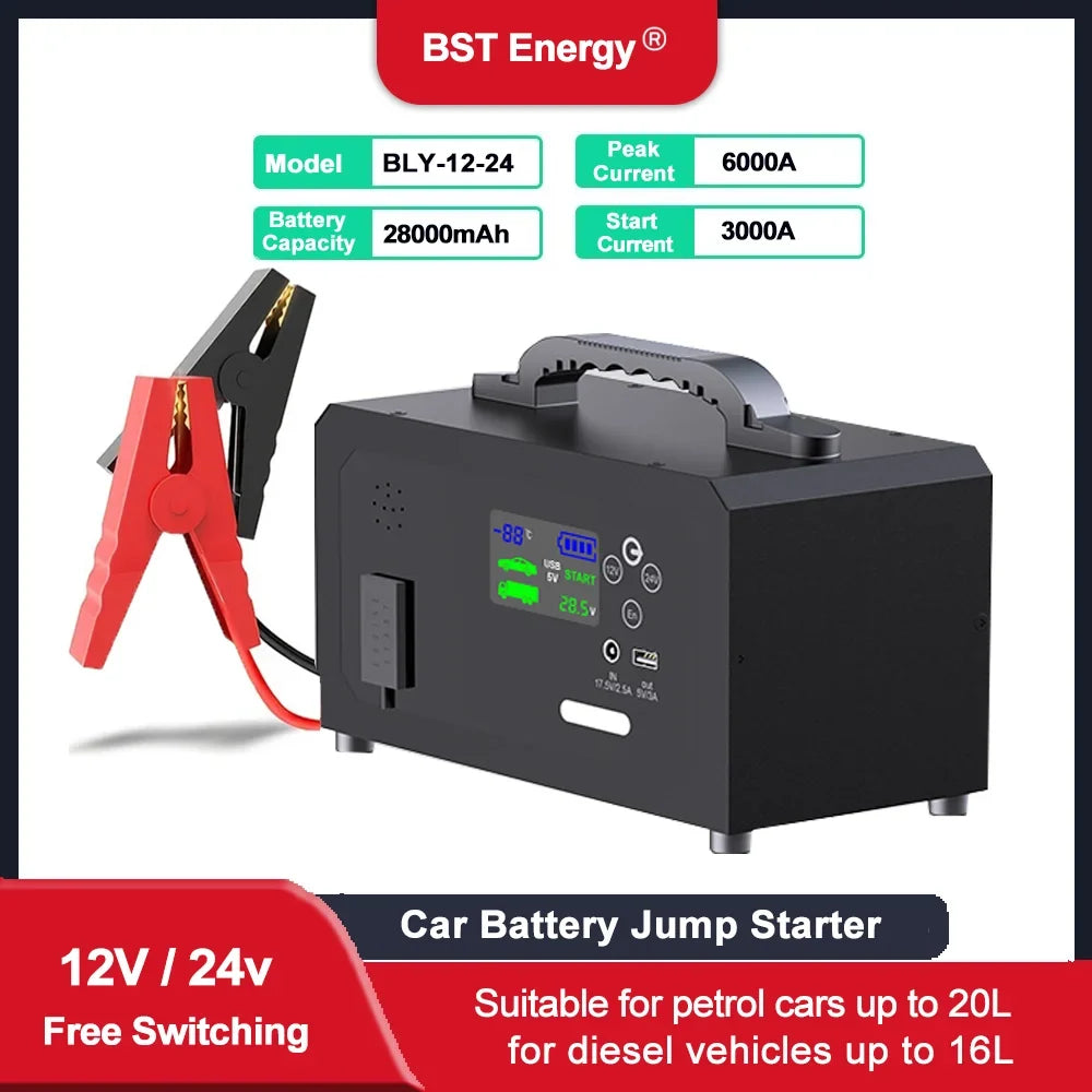 6000A Car Jump Starter Power Bank 28000mAh | Portable Emergency Booster for 12V 24V Gasoline and Diesel Vehicles