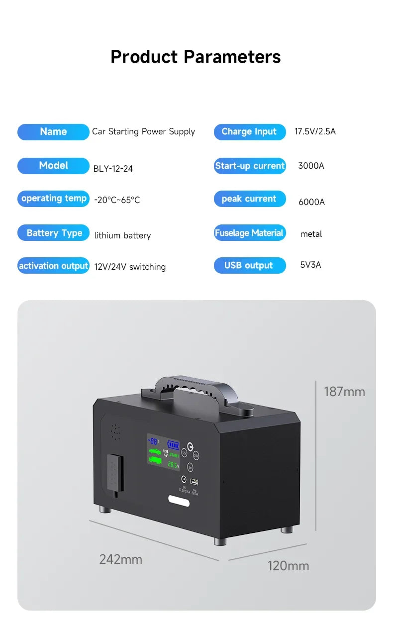 6000A Car Jump Starter Power Bank 28000mAh | Portable Emergency Booster for 12V 24V Gasoline and Diesel Vehicles
