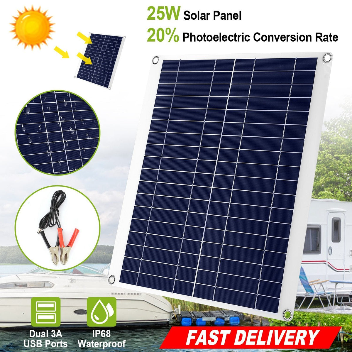 Outdoor Solar Panel 12V 25W Car Battery Charger IP68 Waterproof w/ 3.0A Dual USB Charging Clip Line For RV Car Boat